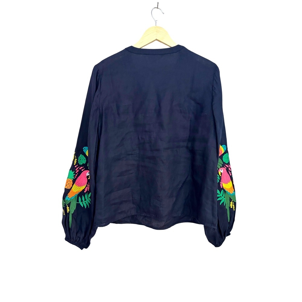 Boden Bonnie Linen Top Navy Blue Parrot Pineapple Embroidered Blouse US 6 - Picture 8 of 12